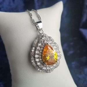 Swarovski Elements 925 Sterling Silver Large Yellow Citrine Teardrop Necklace